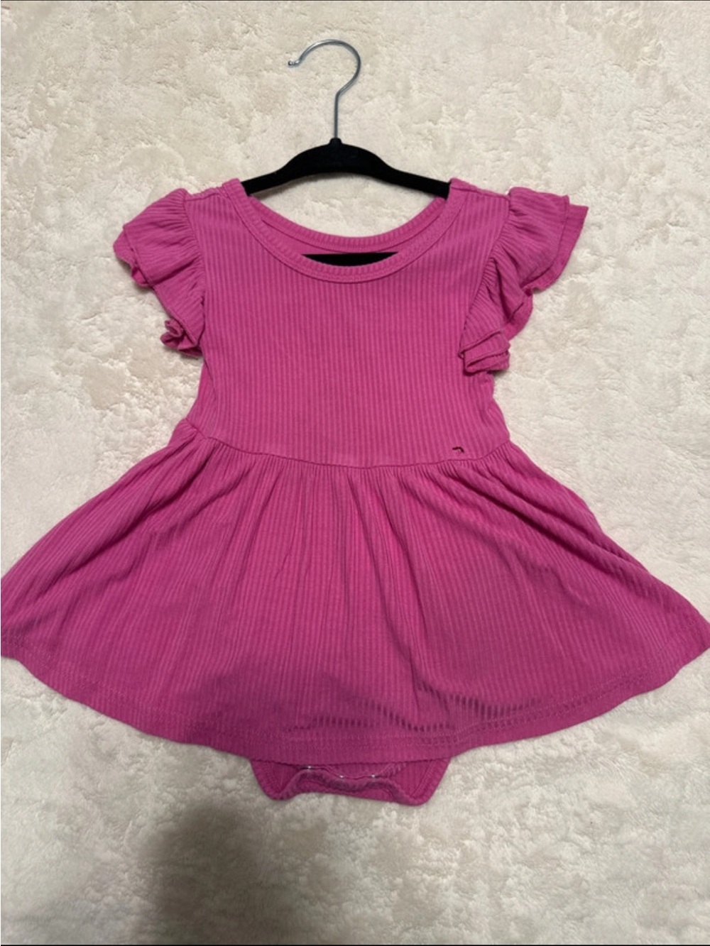 Ribbed Flutter Sleeve Baby Dress - Bright Pink